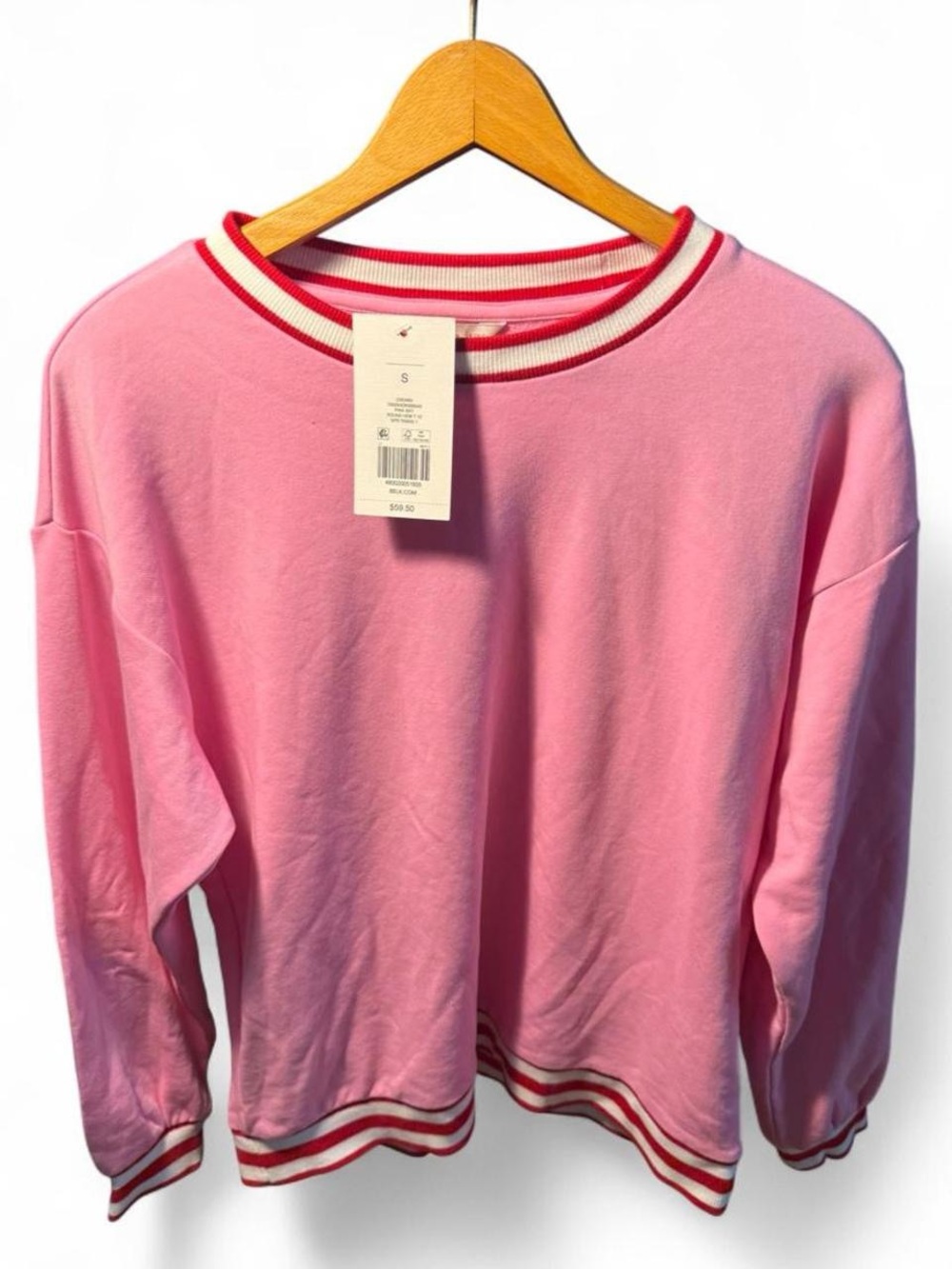 crown & ivy Pink Crewneck Sweater with Red and White Striped Trim